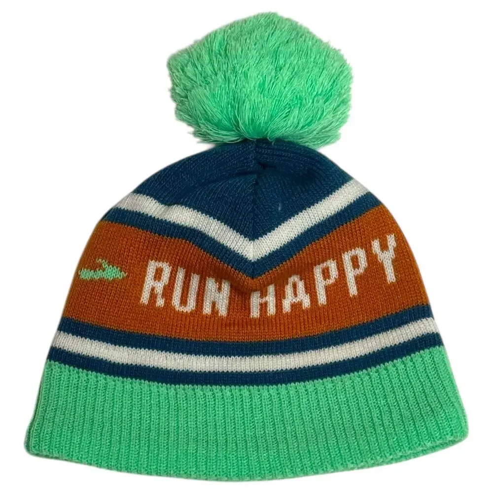 Brooks Run Happy Pom Pom Beanie Blue Green White Orange One Size